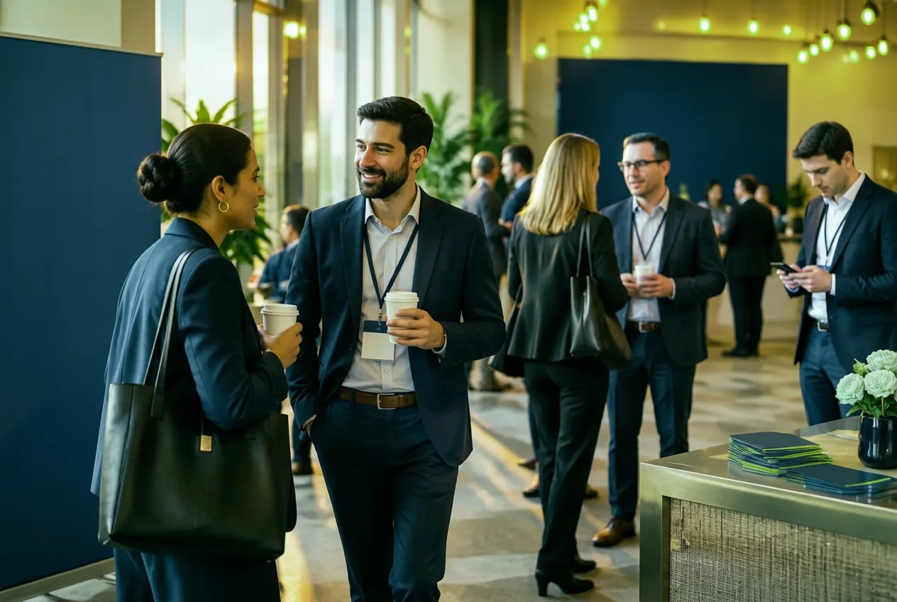 Deelnemers in gesprek tijdens een netwerkmoment in een foyer