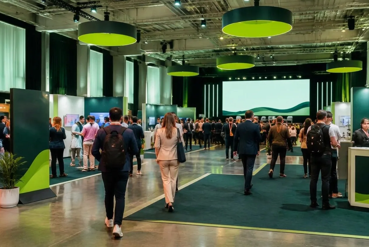 Een eventlocatie met beursstands, een podium en een bord met een QR-code